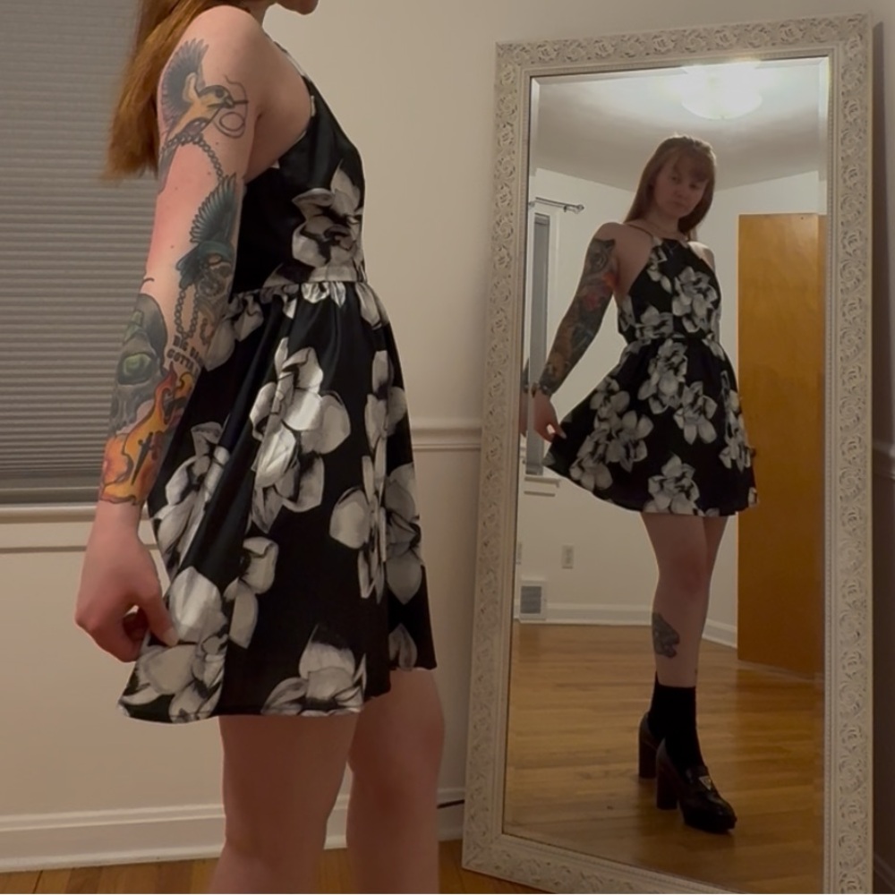 Black and White Floral Halter Dress
